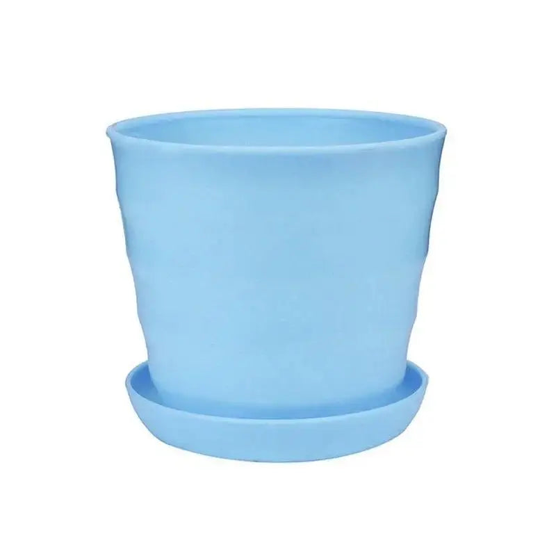 Light blue plastic flower pot with matching saucer base, desktop succulent planter
