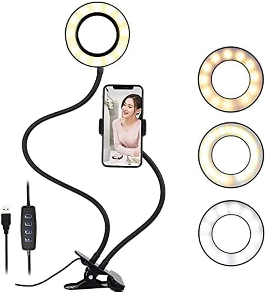 Black clip-on ring light and smartphone holder with flexible arms and USB controller for video recording and streaming.