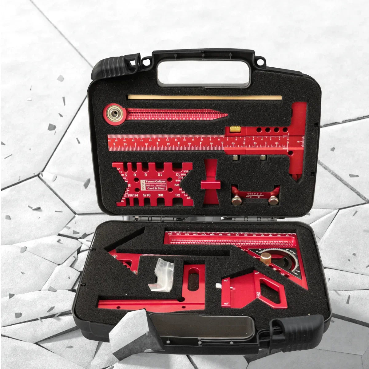 9Pcs Woodworking Square Kit with Box, Aluminum Scribeing Ruler,Center Finder,Circular Drawing Compass,Honing Guide,Height Gauge