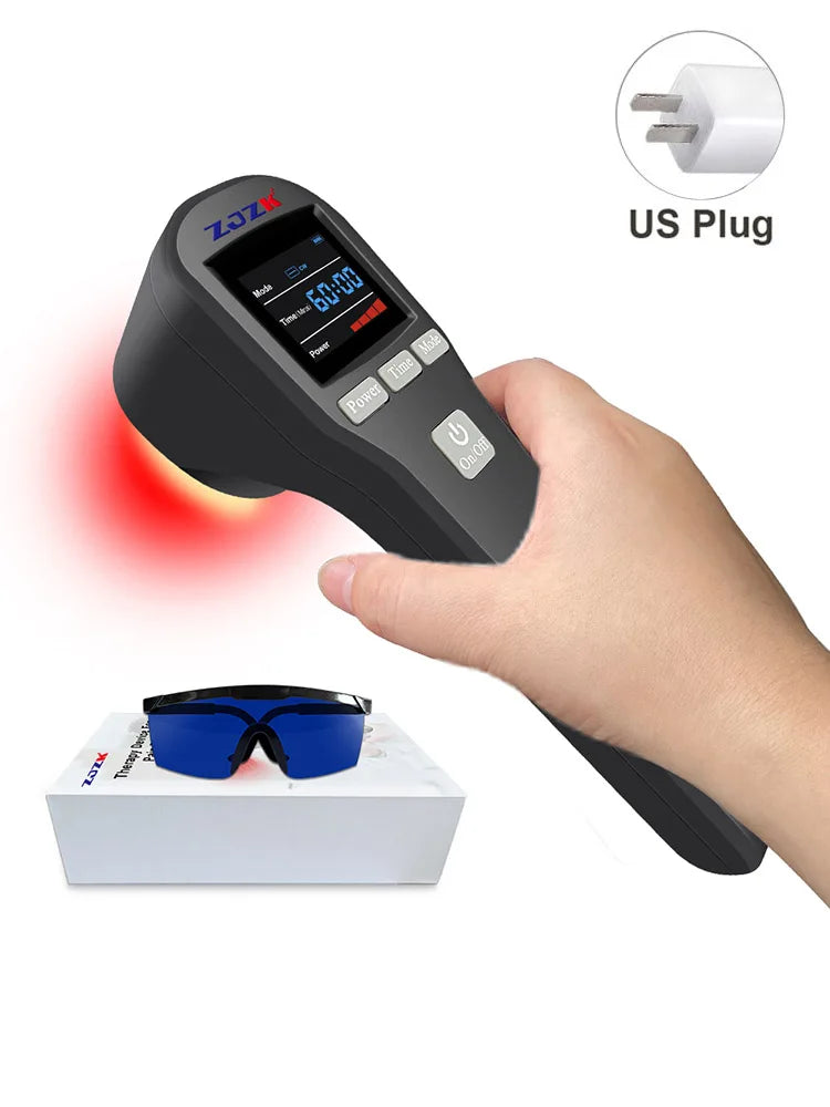 Handheld black infrared light therapy device with LCD screen, digital controls, US plug, and blue protective eyewear.