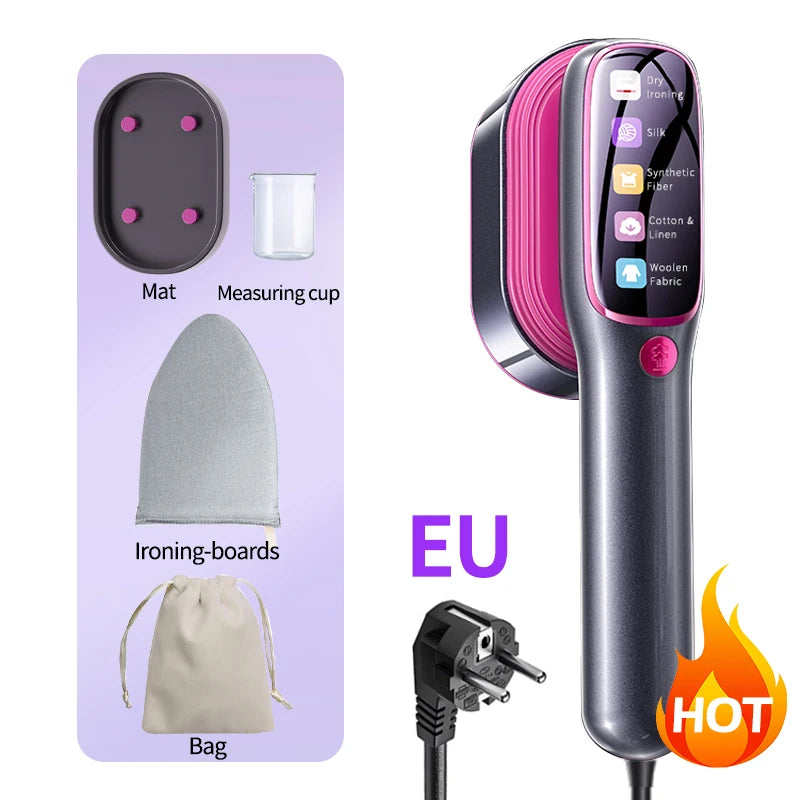 Purple handheld garment steamer with EU plug, bag storage, and HOT steam indicator