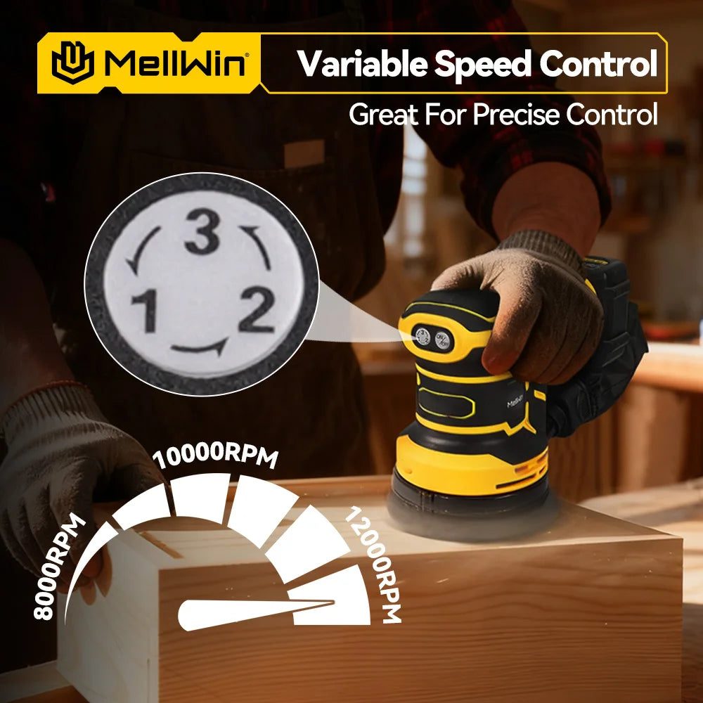 MELLWIN 125MM Electric Orbital Sander Polisher 3 Speeds Adjustable Wood Metal Sanding Polishing Tool For Makita 18V Battery Pin