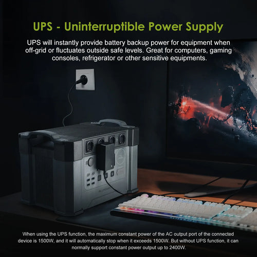Black ALLPOWERS S2000 Pro power station with AC outlets and ports on a desk, powering a gaming computer setup as a UPS.
