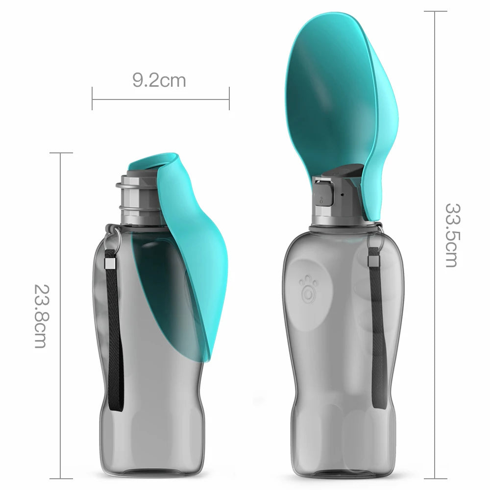 800ml portable dog water bottle with turquoise leaf-shaped bowl for easy outdoor drinking. Travel pet feeder for dogs.