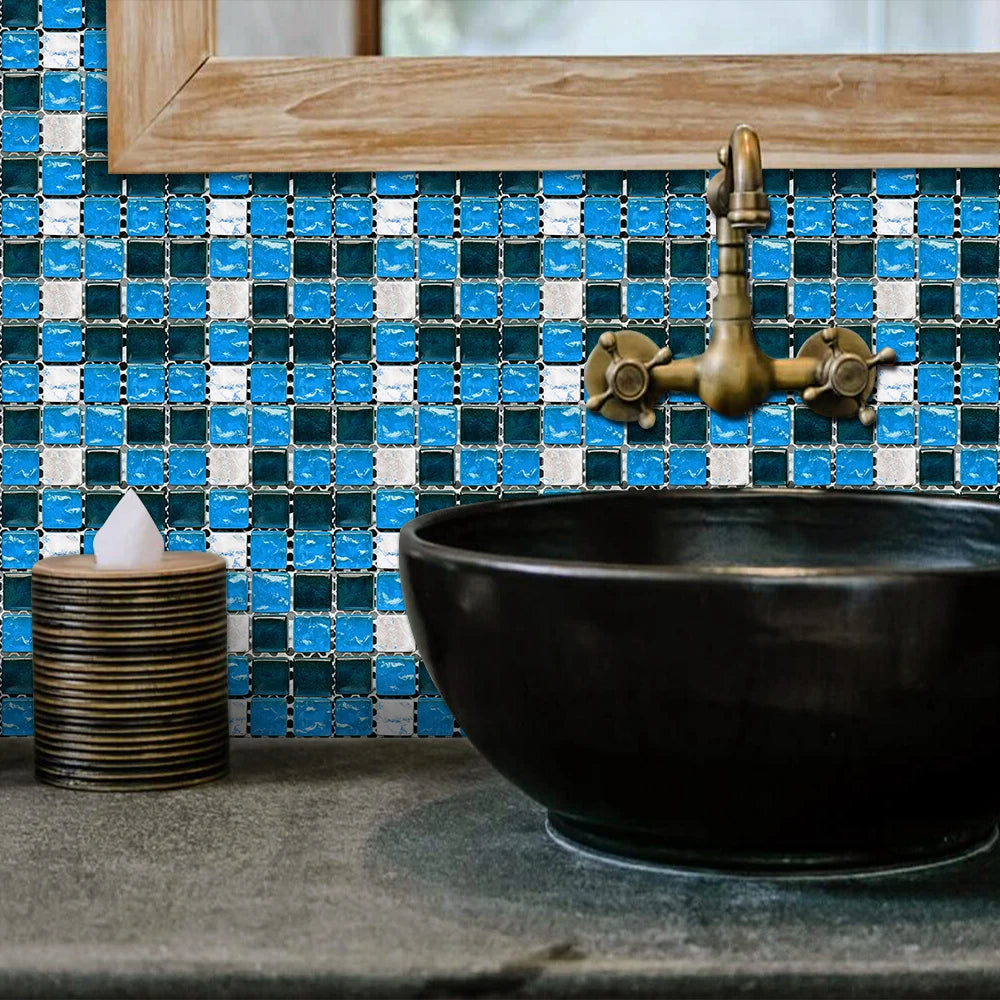 10pcs Flat Mosaic Style Tiles Sticker Kitchen Bathroom Waterproof & Oilproof Art Wall Sticker Peel & Stick Surface Glossy Film