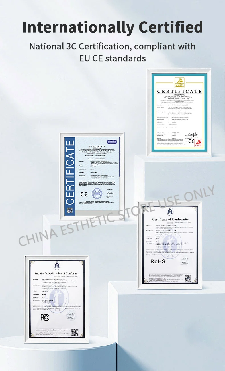 International certifications including CE, RoHS, and FCC for wireless EMS fitness equipment and muscle training suit.