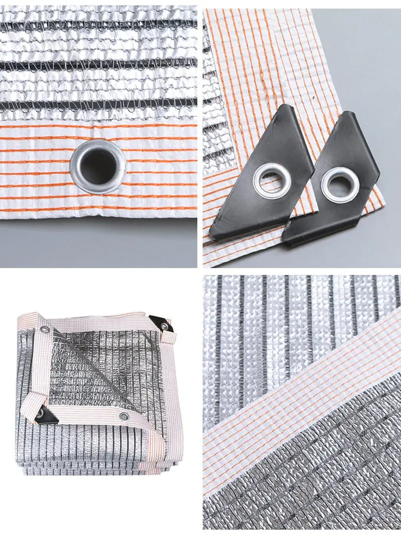 Aluminum foil sunshade mesh with orange border stripe and metal grommet rings