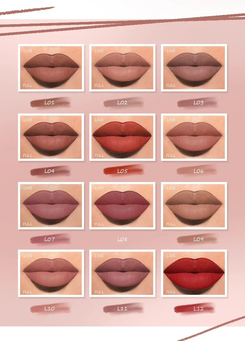 12-color Face Secret waterproof matte velvet lip liner set featuring long-lasting pigment and varied nude to bold shades.