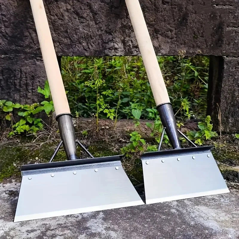 Pair of metal weeding and edging shovels with silver blades and dark handles