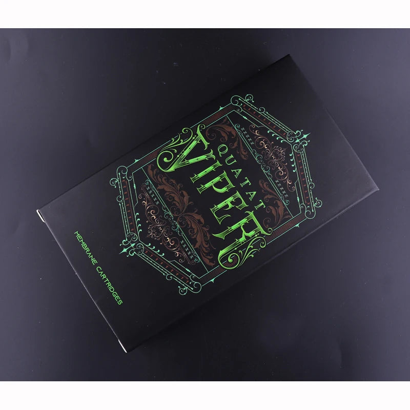 Quatat VIPER tattoo cartridge box, matte black with ornate green foil text and decorative borders for PMU lip makeup.