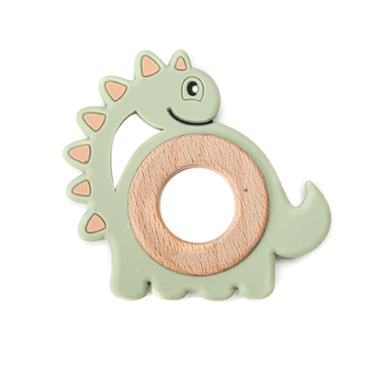Sage green silicone and natural wood dinosaur baby teething toy for soothing sore gums.