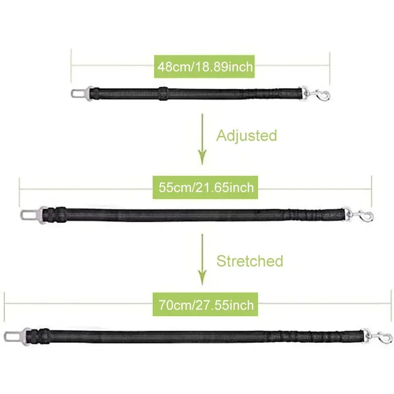 Adjustable black reflective dog car seat belt leash for safe travel, 48cm-70cm stretchable pet safety tether.