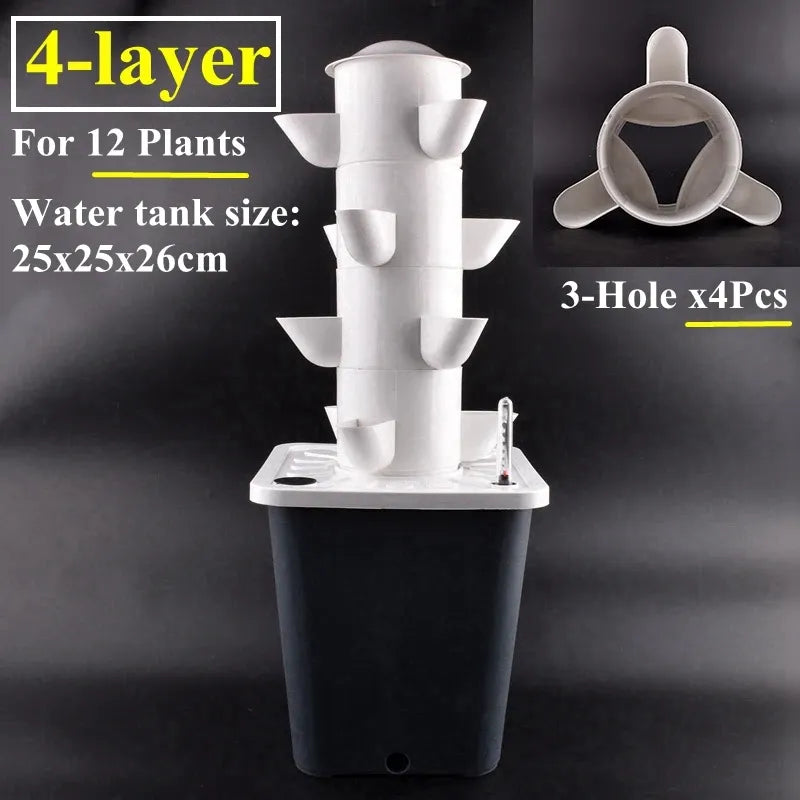 Vertical hydroponic planter tower kit with 4 layers and 3-hole inserts, white