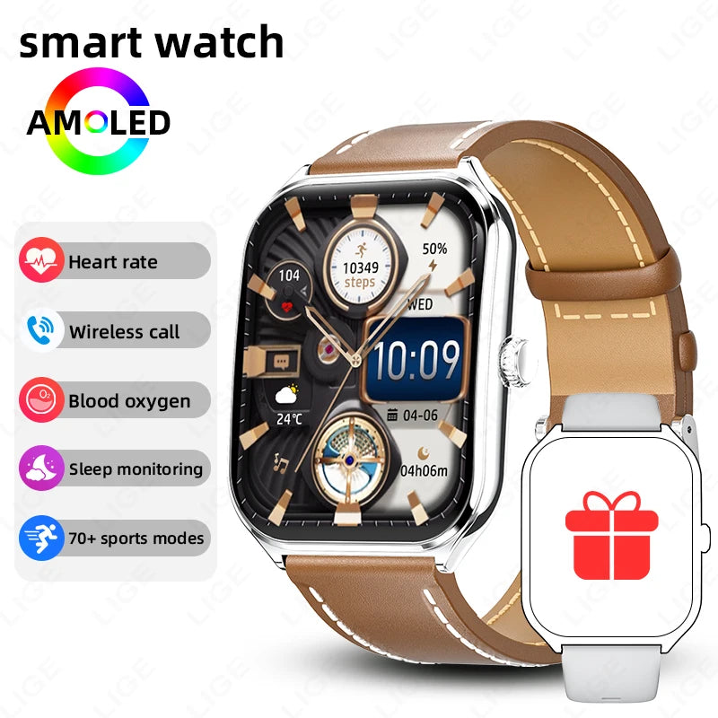 AMOLED smartwatch with brown leather strap and dark digital watch face