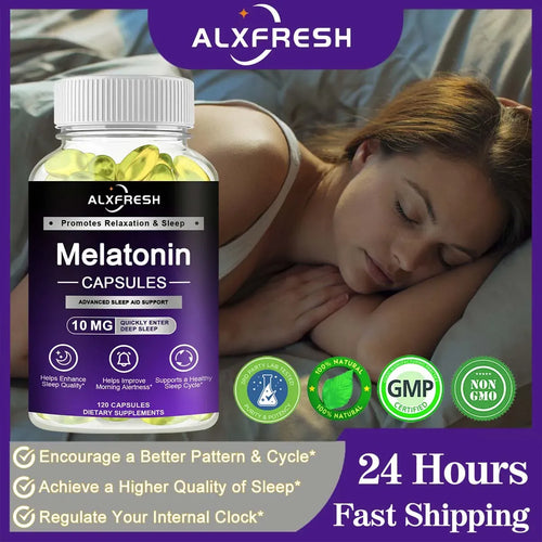 Alxfresh 10mg melatonin sleep supplement capsules in purple packaging, 120 count bottle.