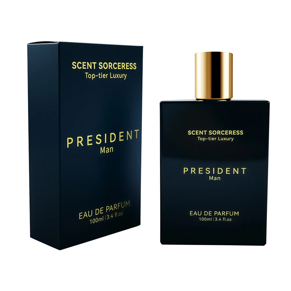 Scent Sorceress President 100ml Eau de Parfum for men. Luxury black rectangular cologne bottle with gold cap.