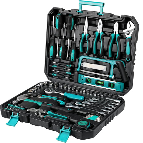 Auto repair tool kit with teal-handled wrenches and bits in open black plastic case