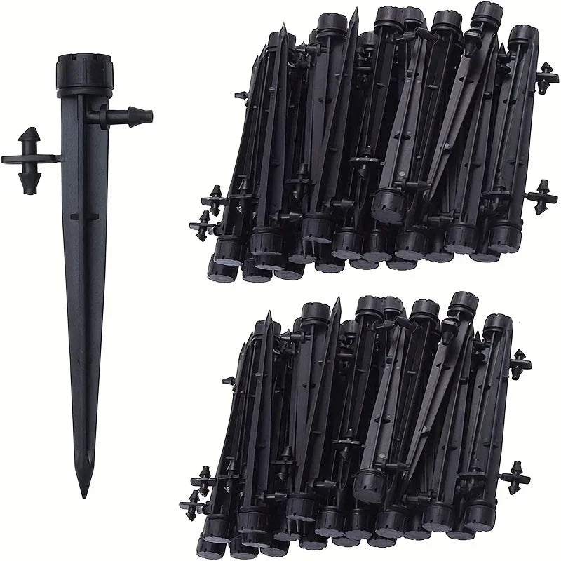 Set of black drip irrigation stake emitters with adjustable flow nozzles for PE tube