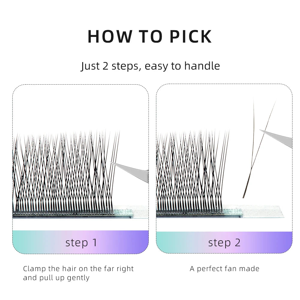 Two-step instruction graphic showing how to use tweezers to pick up a dark brown 2D Y-lash extension fan from a strip.