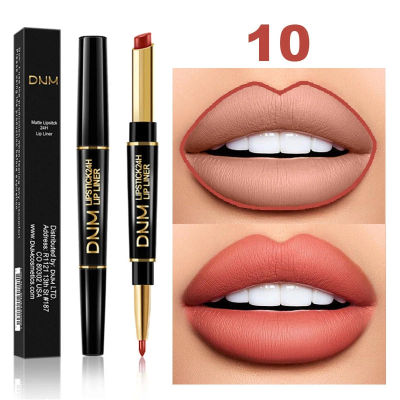 DNM 2-in-1 waterproof matte lipstick and lip liner pencil in nude shade with long-lasting creamy makeup finish.