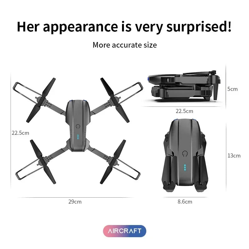 Foldable dark grey drone with four propellers and protective guards, shown in flight and folded modes with dimensions.