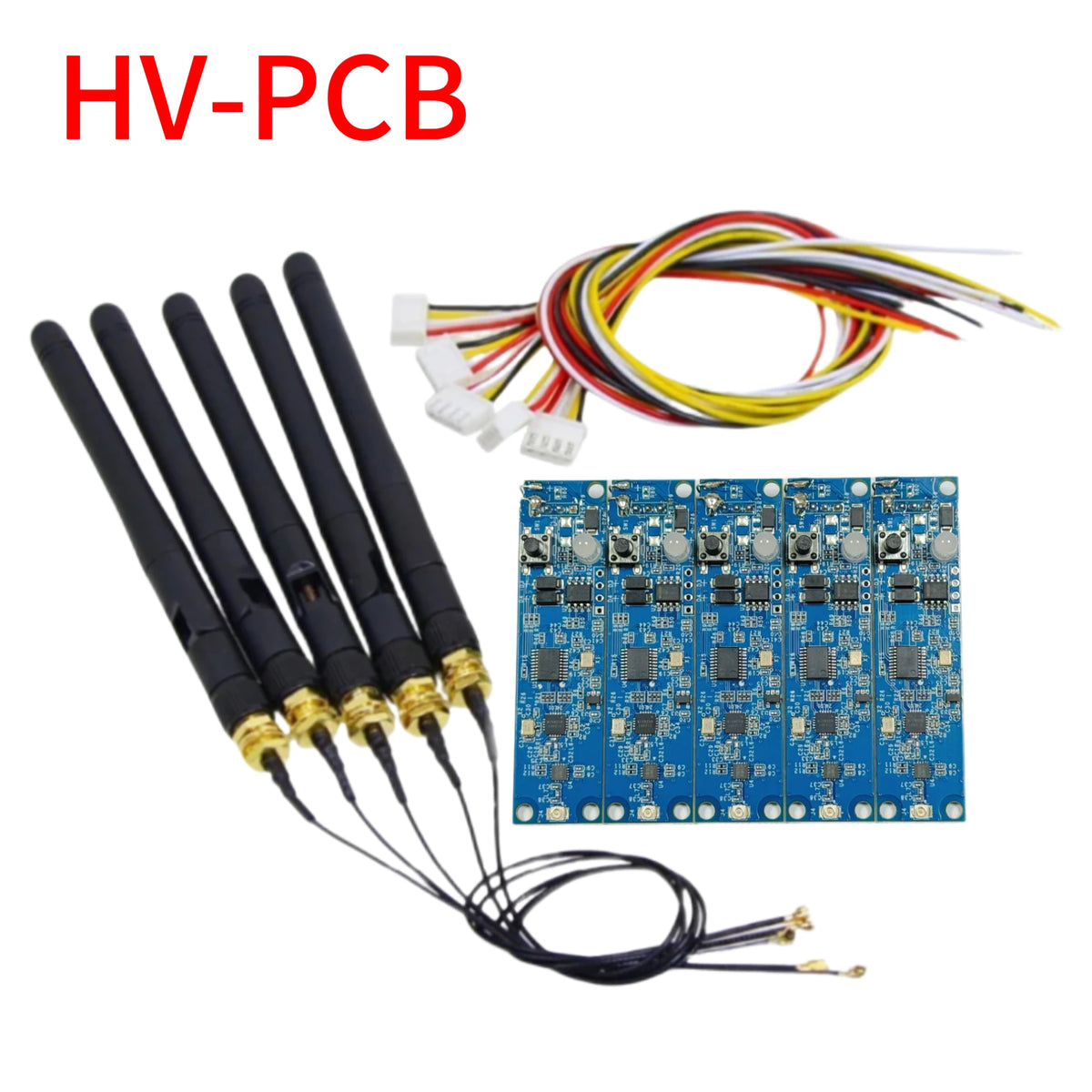 Blue DMX wireless controller PCB module with multicolor wires and four black antennas