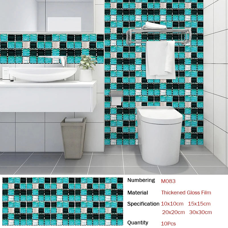 10pcs Flat Mosaic Style Tiles Sticker Kitchen Bathroom Waterproof & Oilproof Art Wall Sticker Peel & Stick Surface Glossy Film