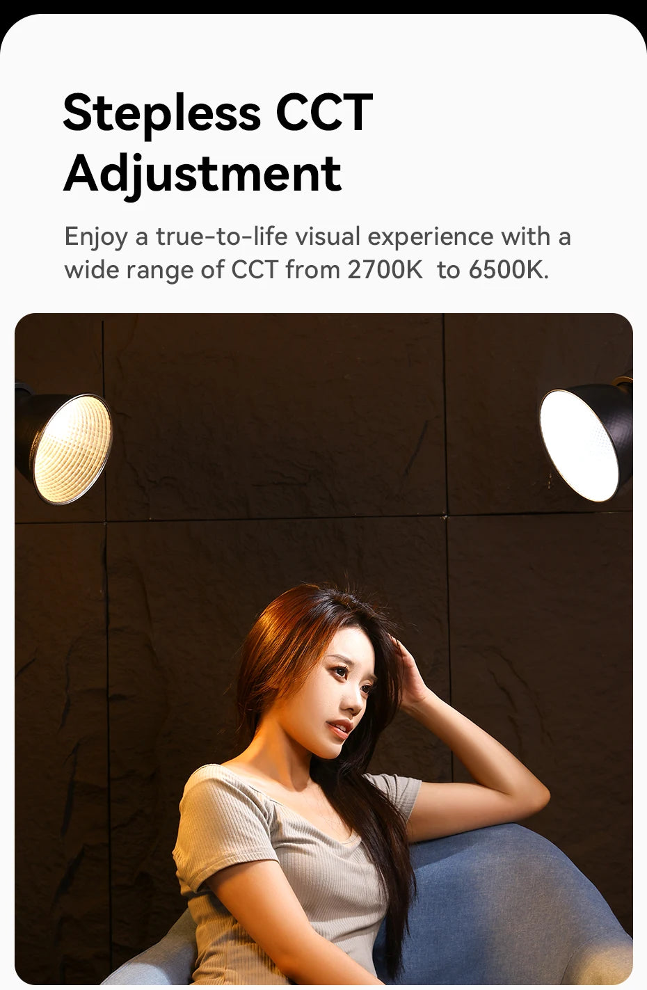 Two black adjustable spotlights demonstrating warm to cool light color temperature range for indoor room lighting.