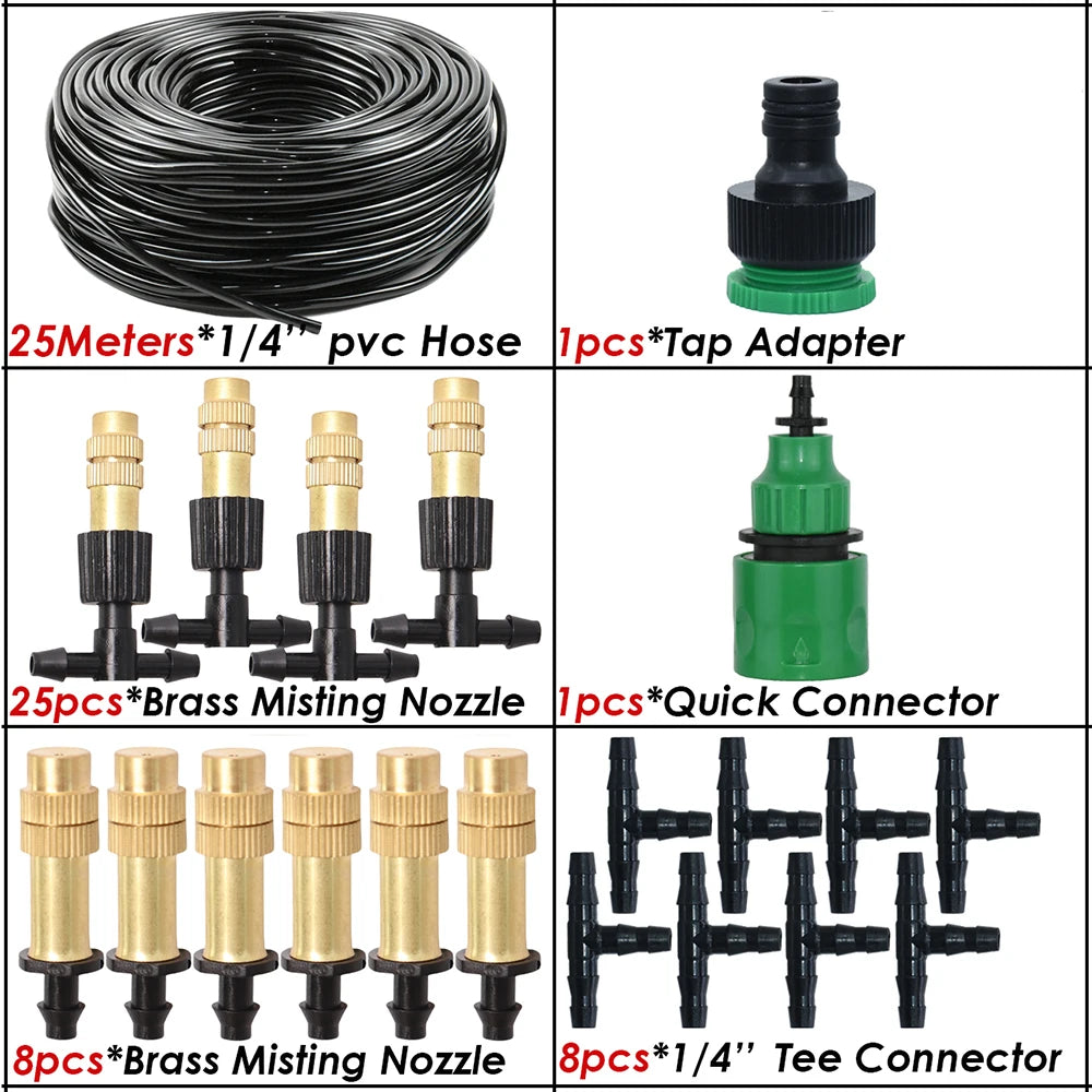 5M-30M Misting Cooling System Garden Irrigation Watering 1/4'' Brass Atomizer Nozzles 4/7mm Hose for Outdoor Patio Greenhouse