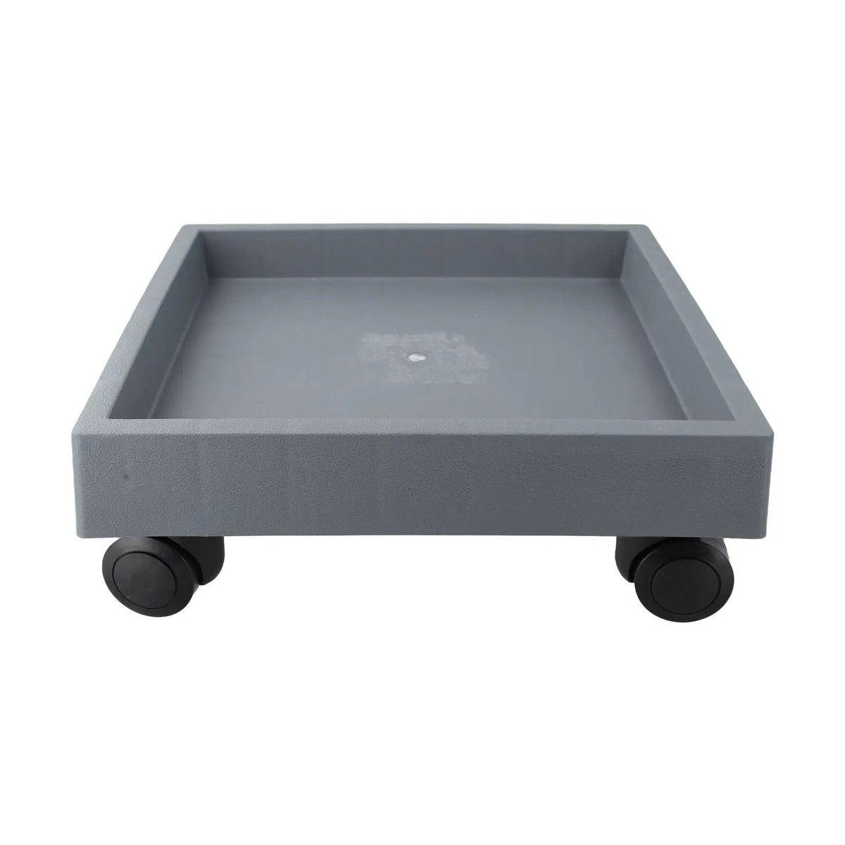 Gray movable plant tray with two visible caster wheels, shallow rectangular basin