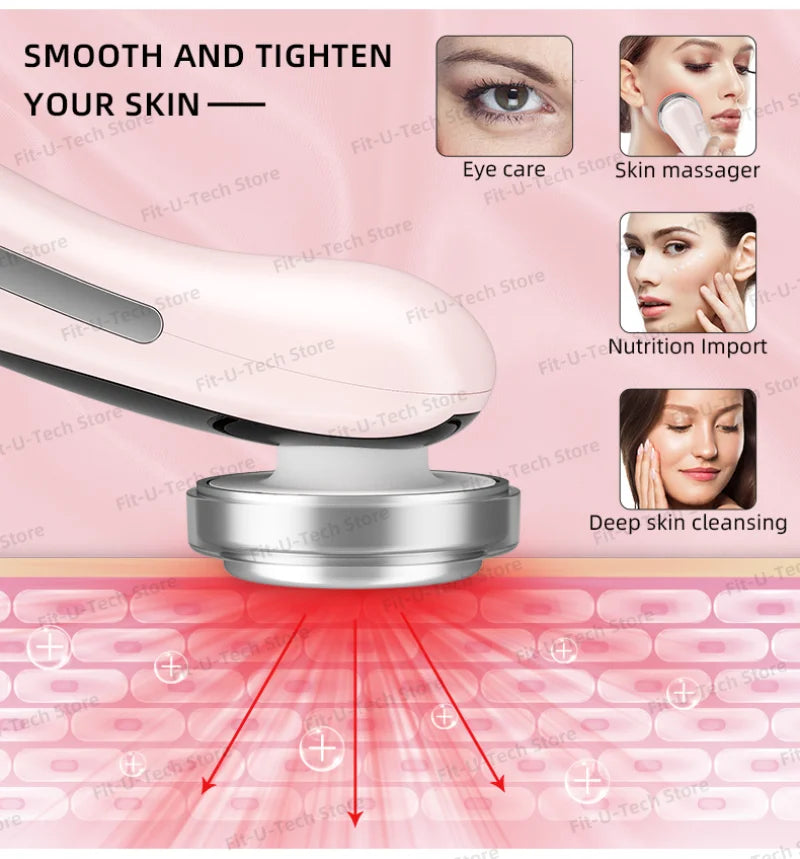Light pink, handheld facial massager device with a round metal head emitting red LED light onto skin-patterned graphics.