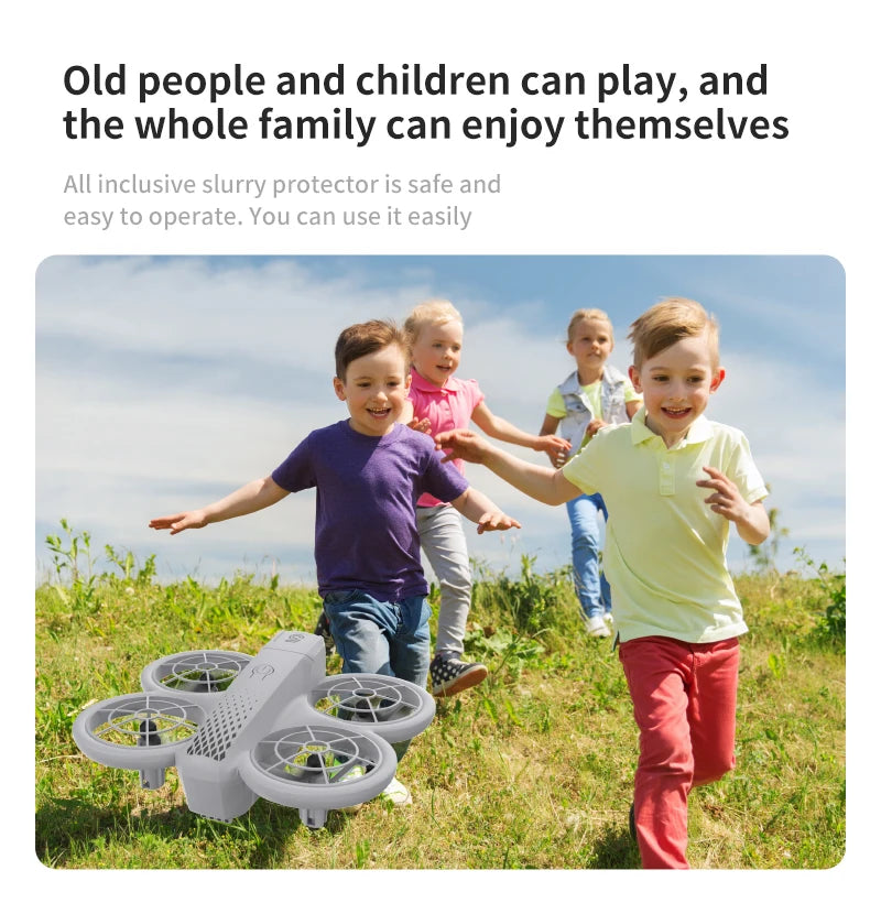 Grey quadcopter drone with protective circular propeller guards for safe, easy operation by children and adults.