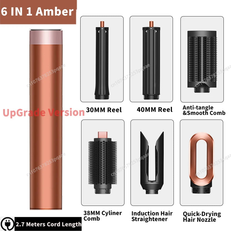 6-in-1 amber hair styler set with auto curling barrels, smoothing combs, straightener, and dryer nozzle attachments.