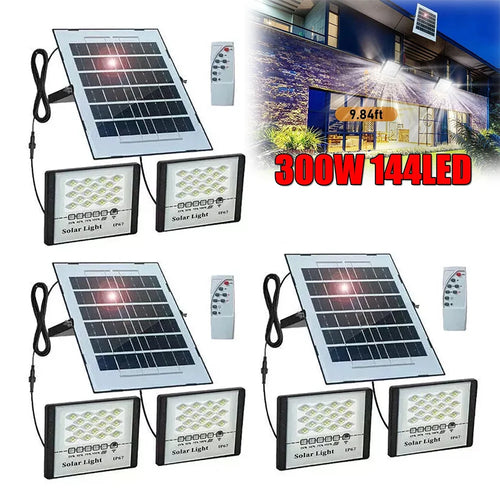 Solar flood light kit with panel, two square LED fixtures, and remote controller.