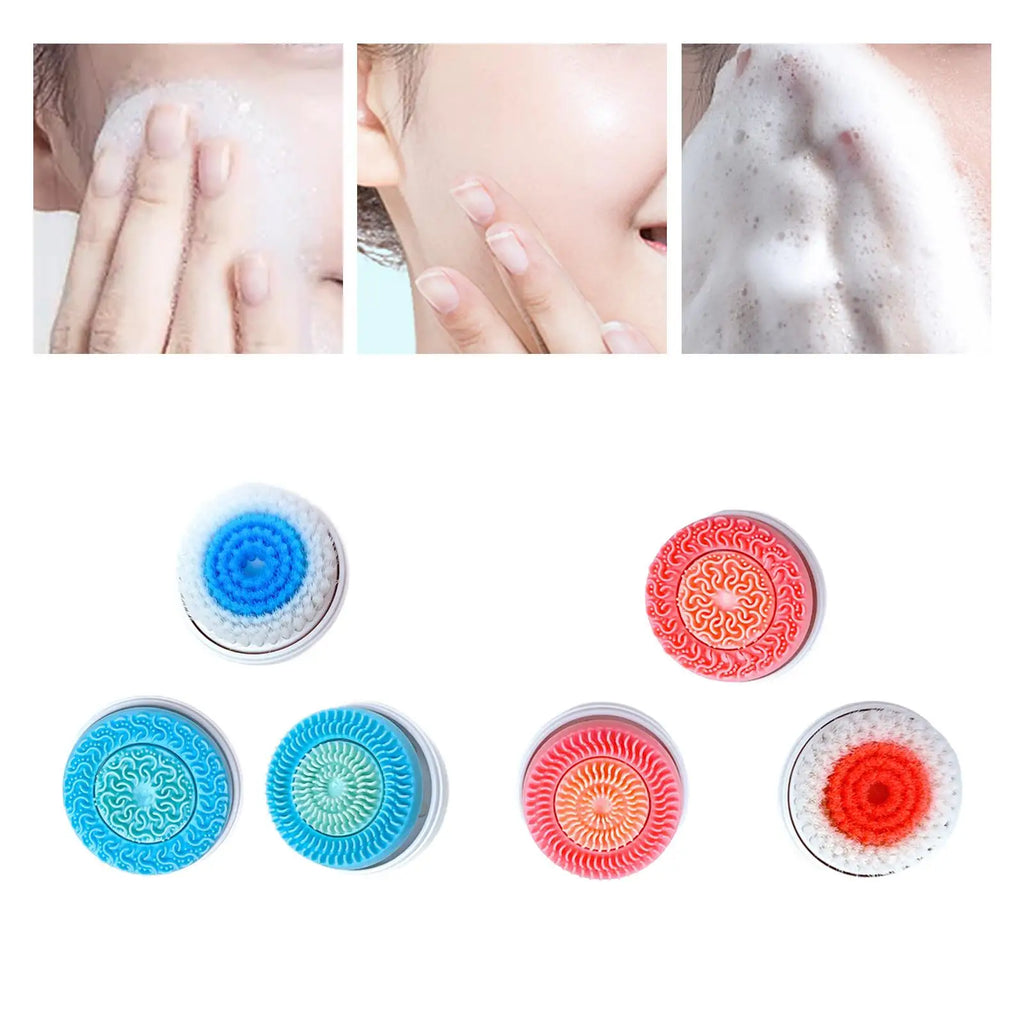 Five circular, multicolored silicone and bristle facial cleansing brush heads for powered skincare devices.