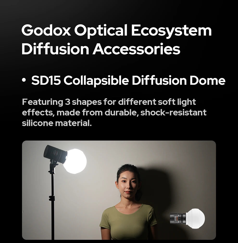 SD15 collapsible white silicone diffusion dome attached to a light, used to create soft lighting for photography.