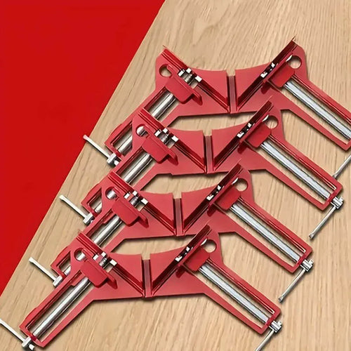 Set of red 90-degree corner clamps with metal bars for picture frames
