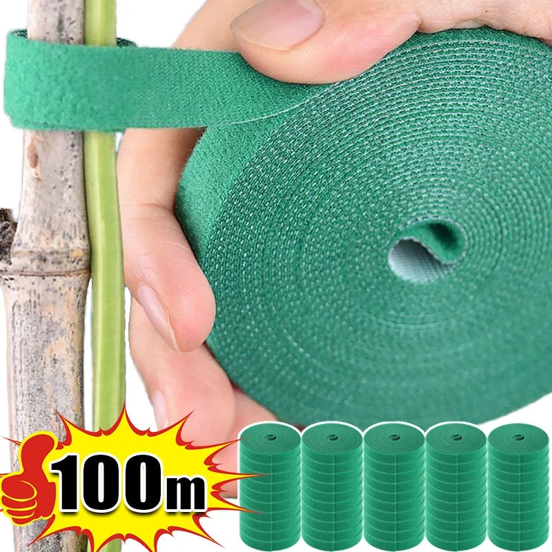 Hand applying green plant tie tape to a stem; roll lengths displayed