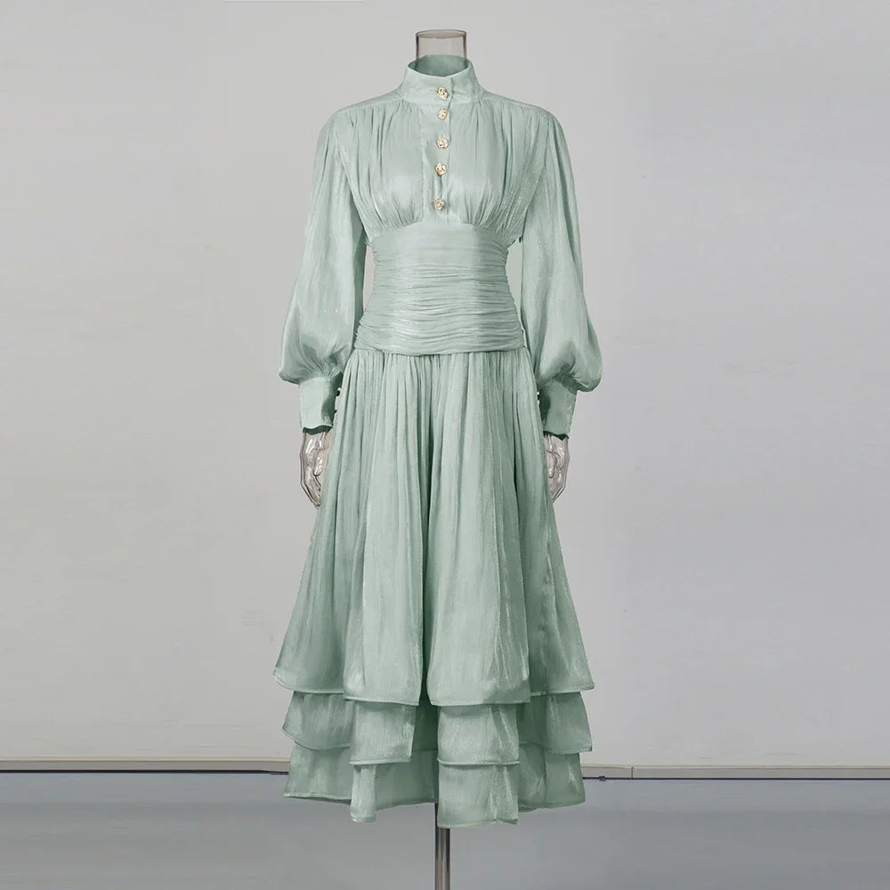 VGH Beach Style Solid Casual Short Dresses For Women Stand Collar Long Sleeve High Waist Spliced Button Chic Dress Female New