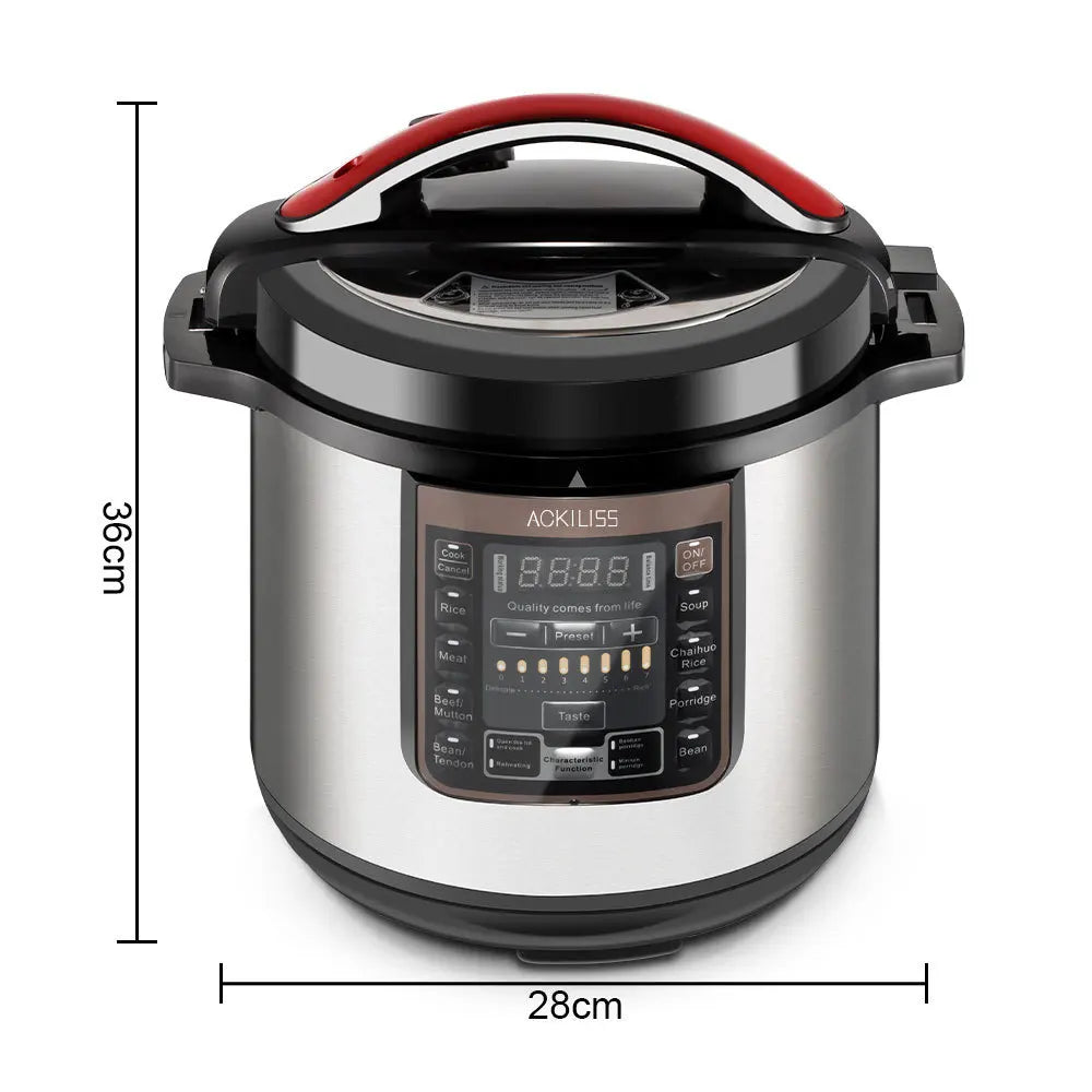 Electric pressure cooker with red handle—28cm wide and 36cm tall