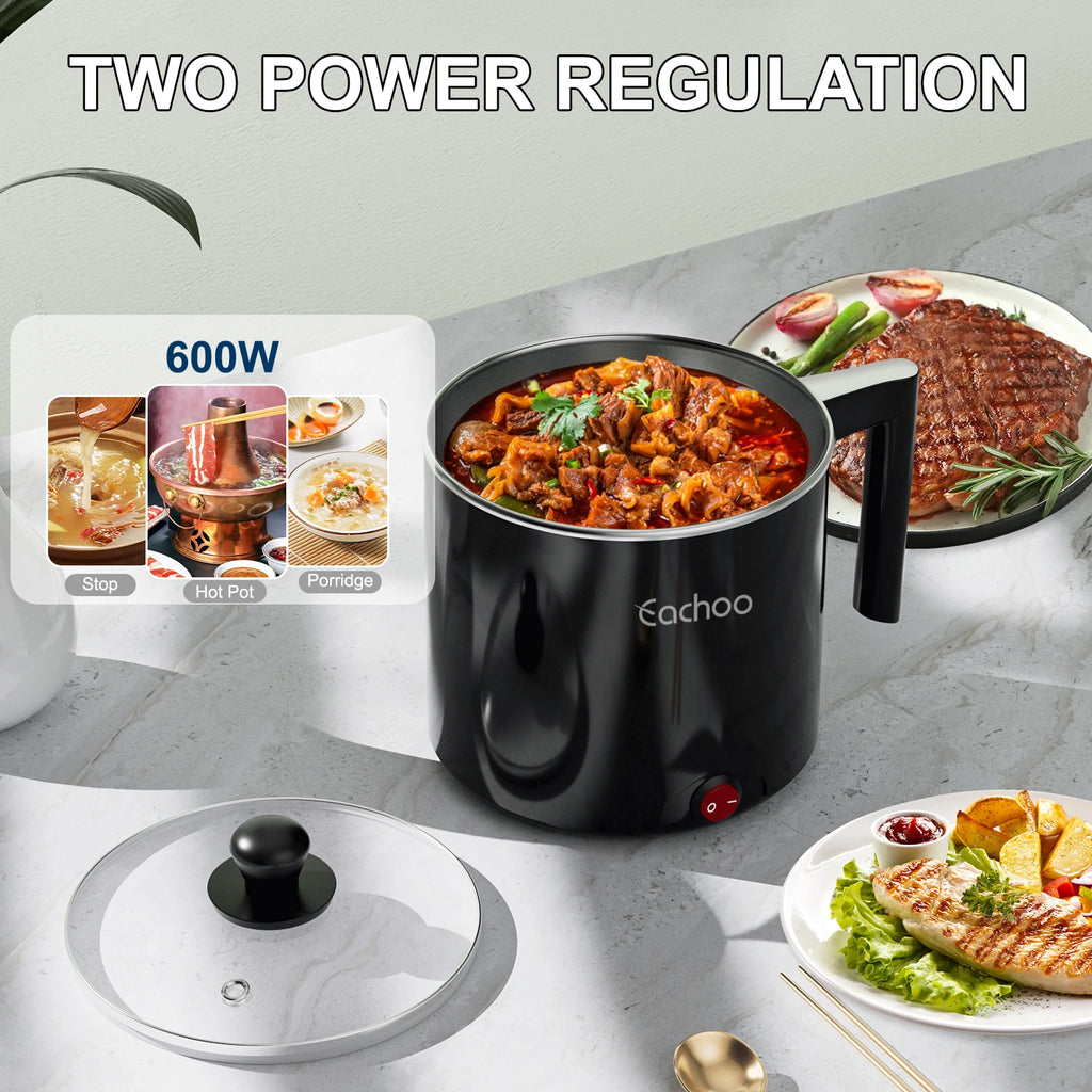 Black electric non-stick saucepan with glass lid and red power button, eachoo