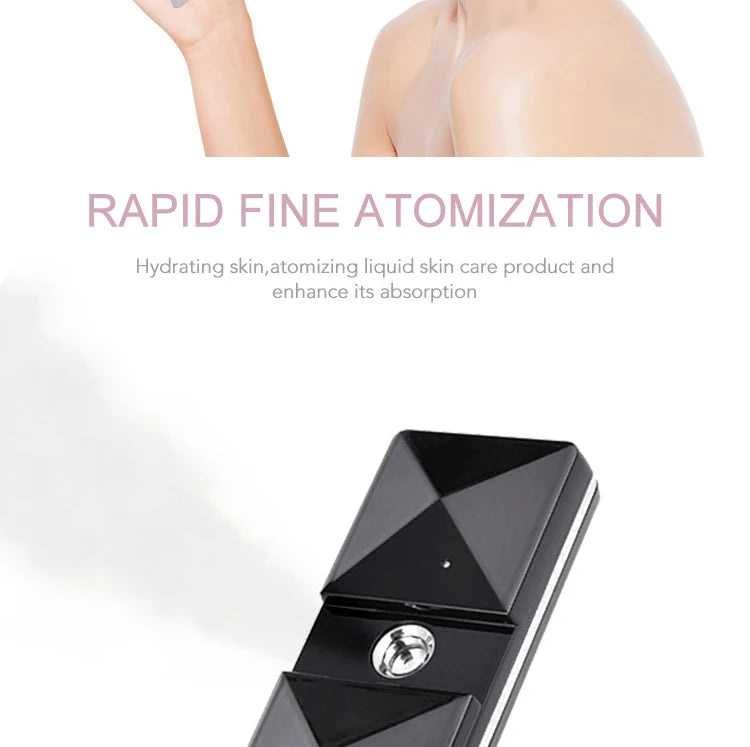 Portable black nano facial steamer mist sprayer for hydrating skin and eyelash extension cleaning. USB rechargeable.