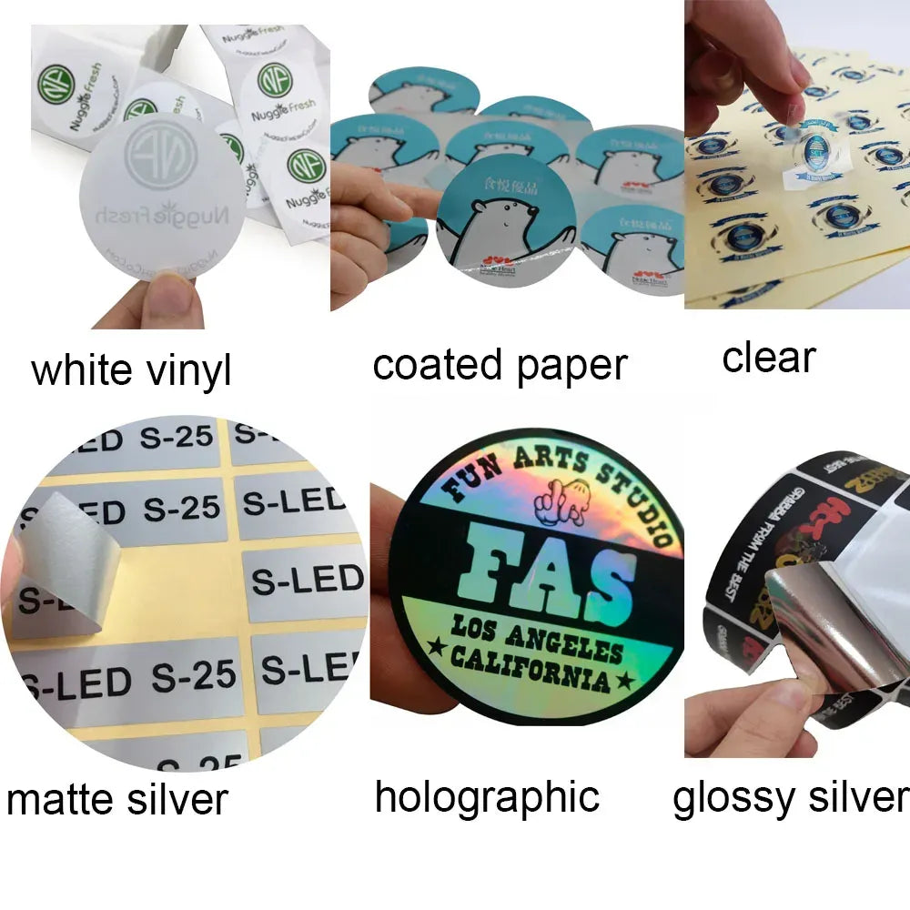 Sticker material samples: white vinyl, coated paper, clear, matte/glossy and holographic options.
