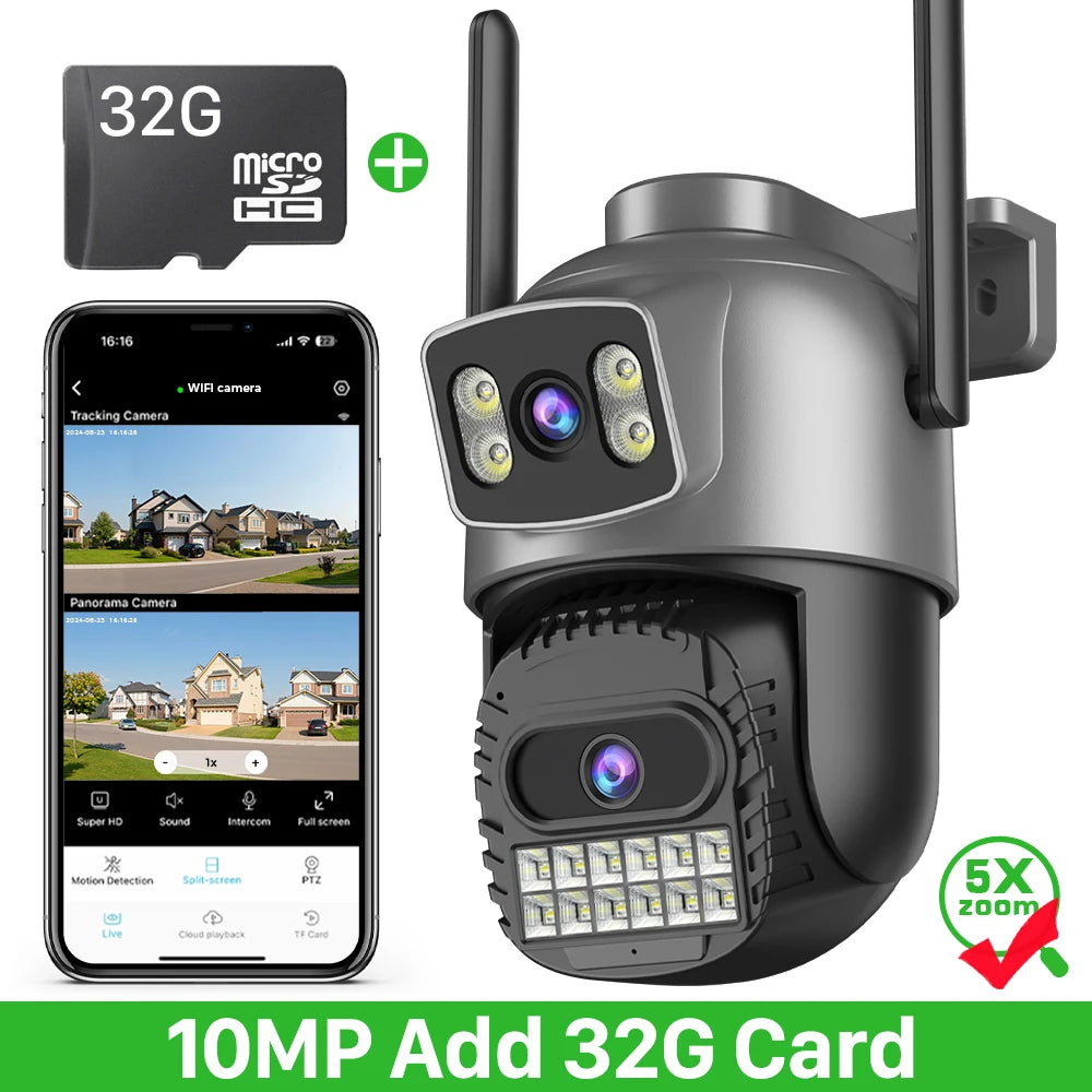 Outdoor PTZ Wi‑Fi security camera, dark gray, with 32GB microSD card