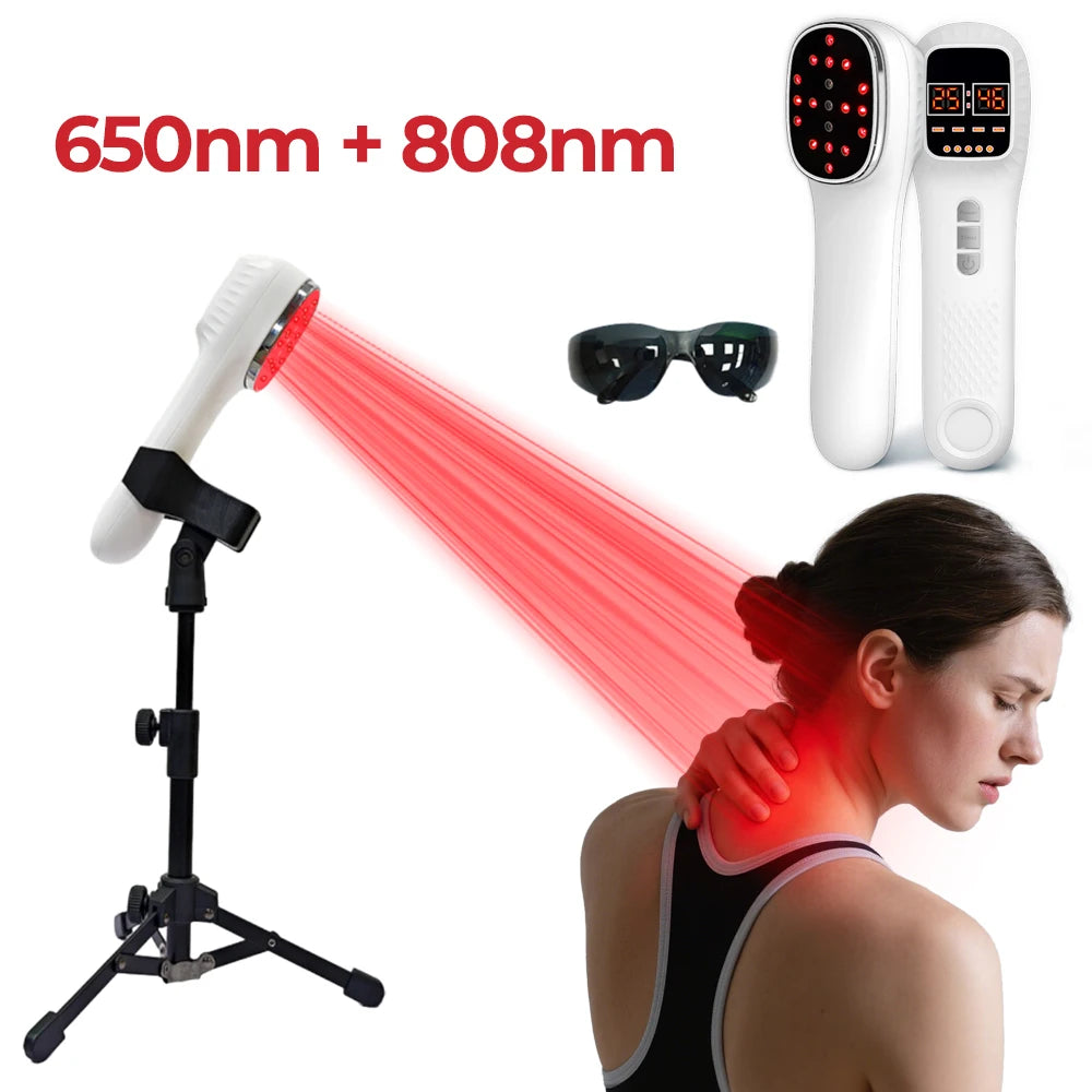Handheld red light therapy device on a tripod, emitting 650nm and 808nm wavelengths for neck pain relief with goggles.