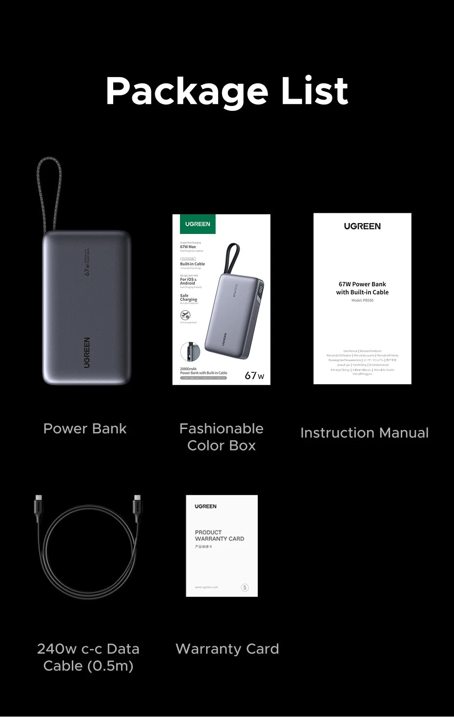 20000mAh Power Bank 67W Fast Charging Portable Charger with Built-in Cable Tidesmit