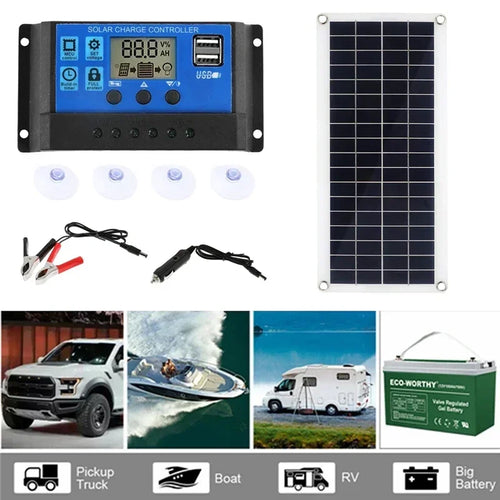 Solar panel kit with charge controller, USB ports, cables, and suction cups for charging RV, boat, and vehicle batteries.