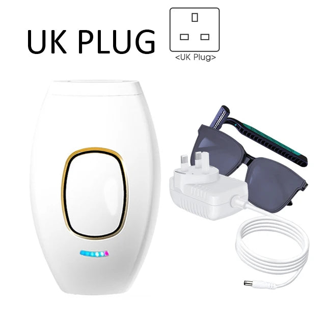 White IPL laser hair removal device with UK plug, protective glasses, and razor for painless home body hair removal.
