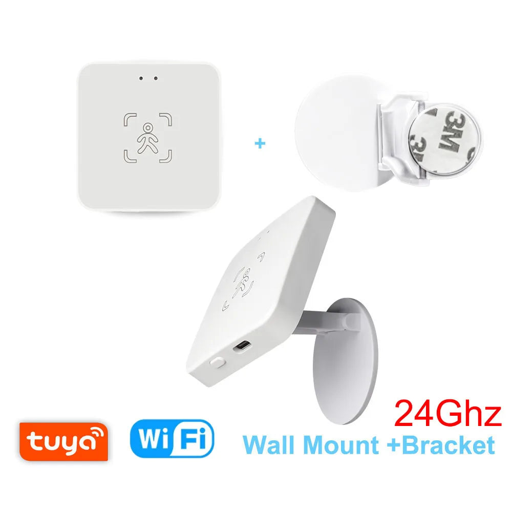 White square Tidesmit 24G human presence sensor with wall bracket, featuring a central human icon and adhesive backing.