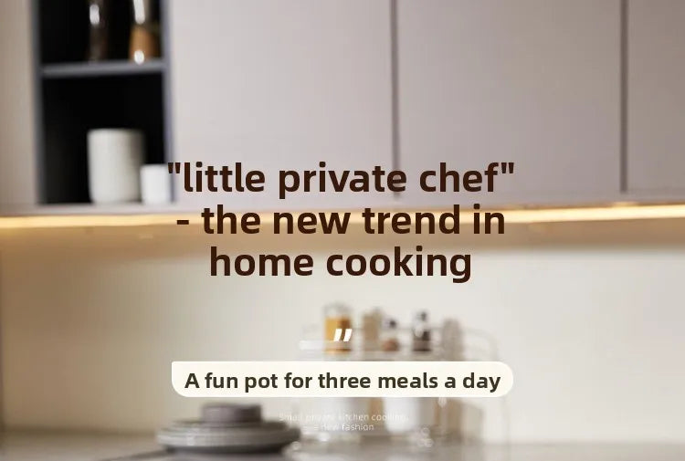 Kitchen countertop scene with promotional text for electric multi-cooker hot pot